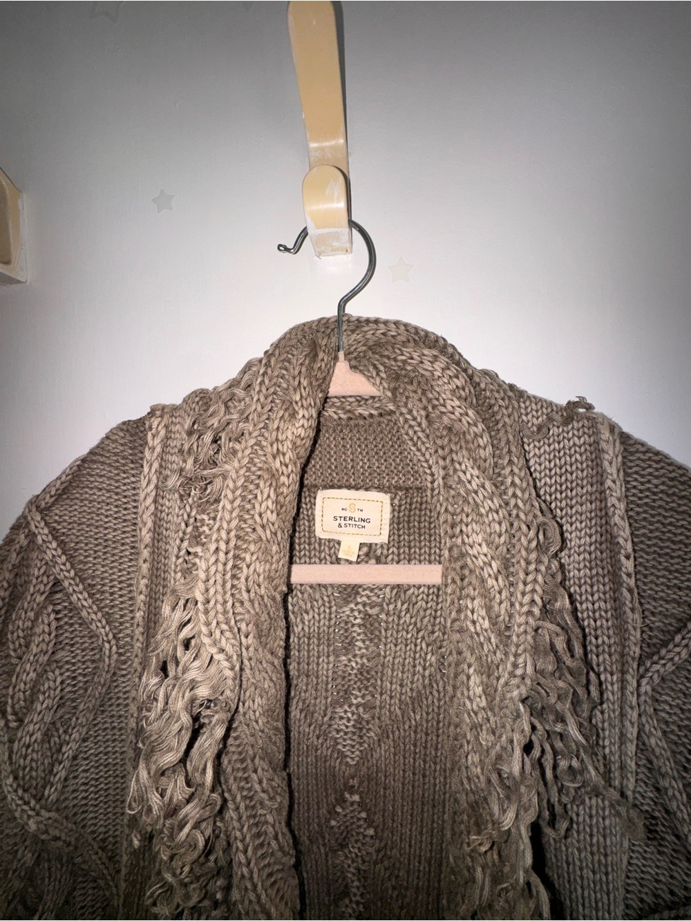 Sterling & Stone Taupe Fringe Cable-Knit Cardigan